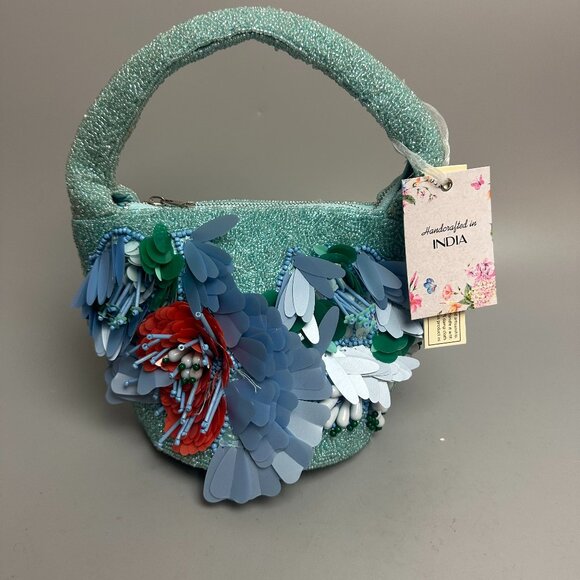 seafoam green blue floral rose Beaded Bag top handle‎ Made in India TikTok zip - Picture 1 of 5